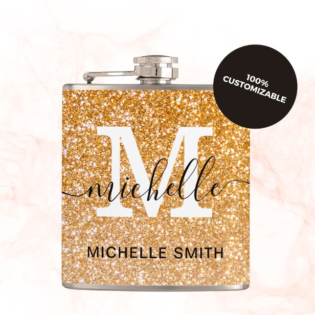 Modern Girly Shiny Gold Glitter Name Monogram  Flask (Creator Uploaded)
