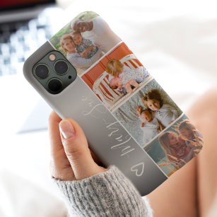 Modern girly silver name 4 photos collage grid iPhone 13 case