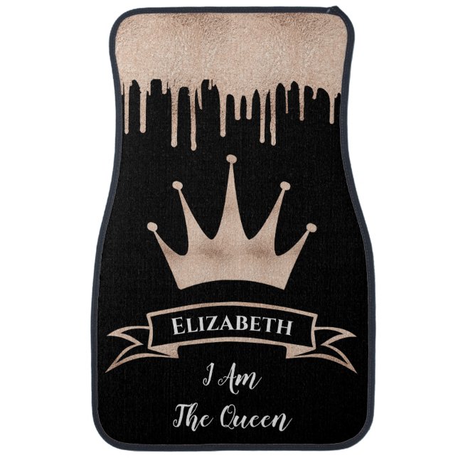 Modern Girly Sparkle Queen Gold Crown Monogrammed Car Floor Mat (Front)