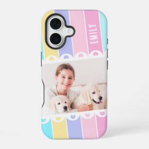 Modern Girly Stripe Heart Photo Personalized Name iPhone 16 Case