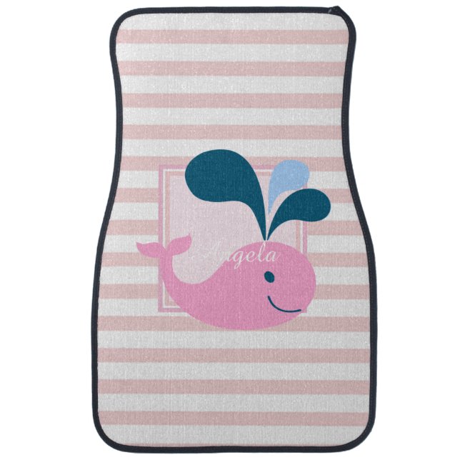 Modern Girly Striped, Cartoon Whale -Personalized Car Floor Mat (Front)
