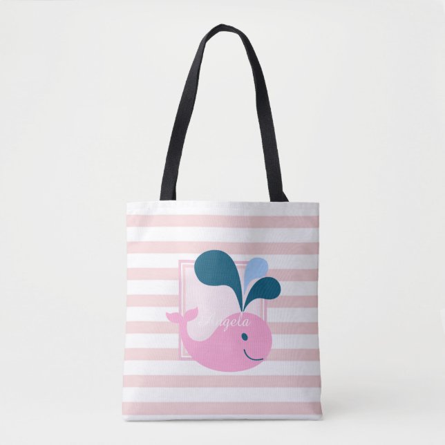 Modern Girly Striped, Cartoon Whale -Personalized Tote Bag (Front)