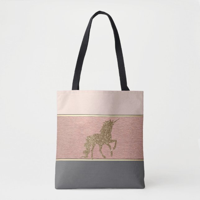 Modern Girly Striped,Gold Glitter Unicorn Tote Bag (Front)