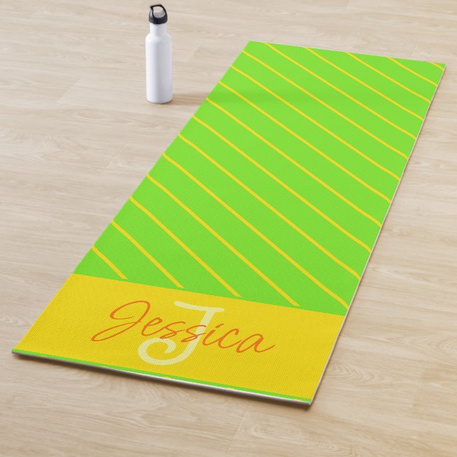 Modern Girly Striped Neon Green Yellow Monogram Yoga Mat (In Situ)
