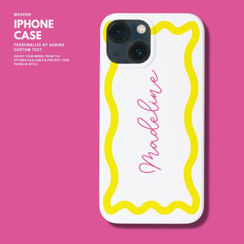 Modern Girly Stylish Monogram Pink and Yellow Wave iPhone 13 Mini Case