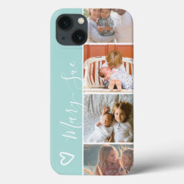 Modern girly teal heart name 4 photos collage grid iPhone 13 case
