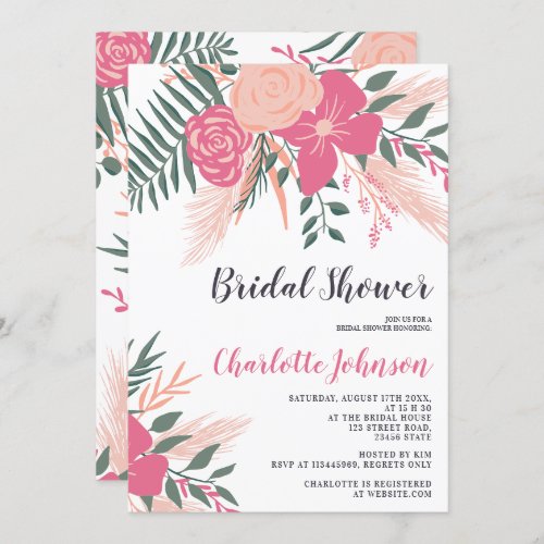 Modern girly tropical pink floral bridal shower invitation