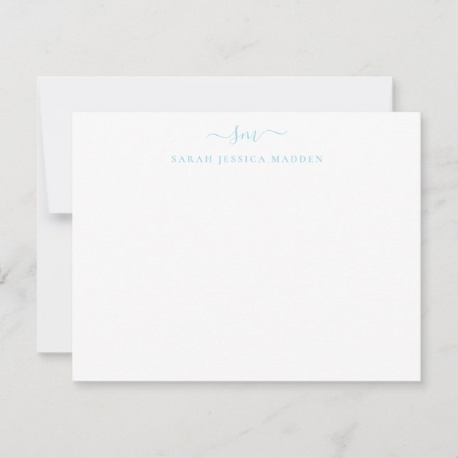 Modern Girly Two Monogram Script Light Baby Blue Note Card (Front)