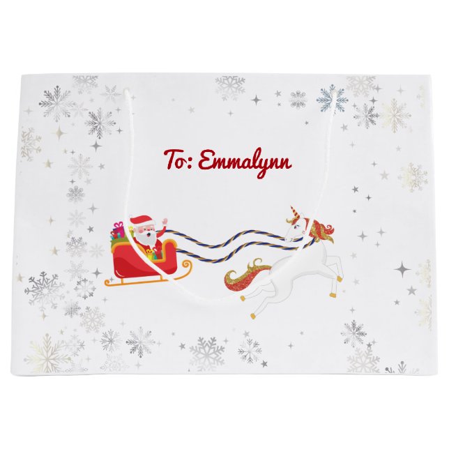 Modern Girly Unicorn Santa Snowflakes Name Xmas Large Gift Bag (Front)