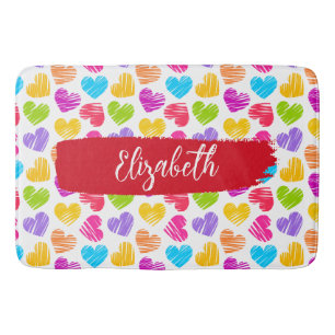 Modern Girly Vibrant Doodled Hearts Pattern Name Bath Mat