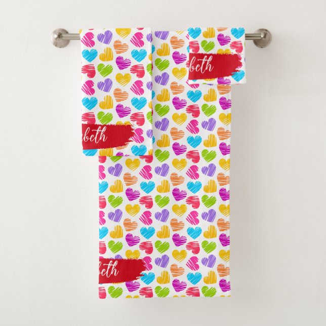 Modern Girly Vibrant Doodled Hearts Pattern Name Bath Towel Set (Insitu)