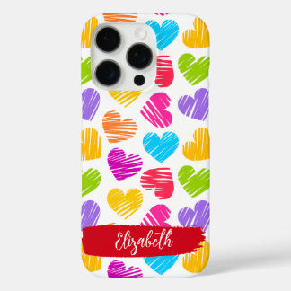Modern Girly Vibrant Doodled Hearts Pattern Name iPhone 16 Pro Case