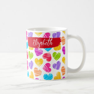 Modern Girly Vibrant Doodled Hearts Pattern Name Coffee Mug