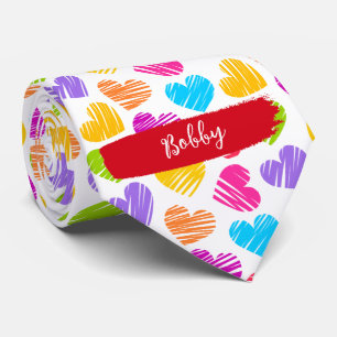 Modern Girly Vibrant Doodled Hearts Pattern Name Neck Tie