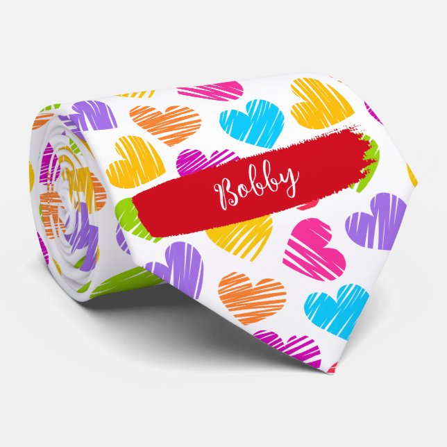 Modern Girly Vibrant Doodled Hearts Pattern Name Neck Tie (Rolled)