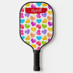 Modern Girly Vibrant Doodled Hearts Pattern Name Pickleball Paddle