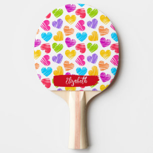 Modern Girly Vibrant Doodled Hearts Pattern Name Ping Pong Paddle