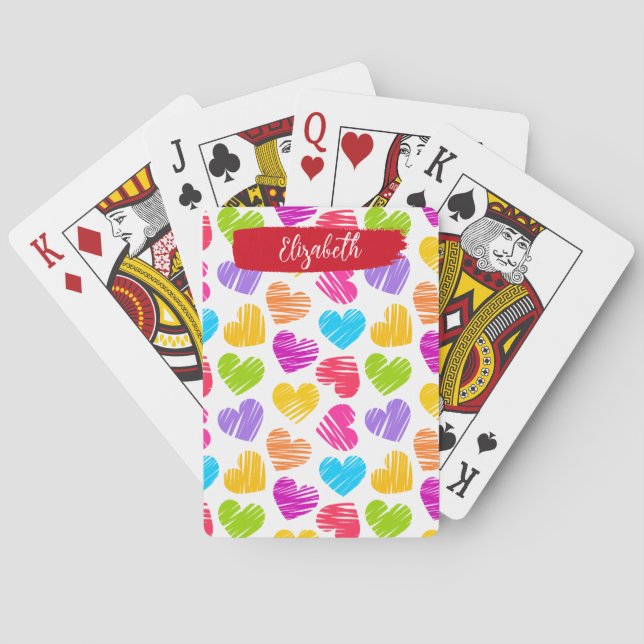 Modern Girly Vibrant Doodled Hearts Pattern Name Poker Cards (Back)