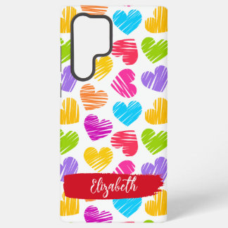 Modern Girly Vibrant Doodled Hearts Pattern Name Samsung Galaxy S22 Ultra Case