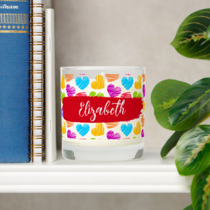 Modern Girly Vibrant Doodled Hearts Pattern Name Scented Candle
