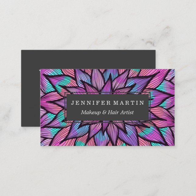 Modern Girly Watercolor Black Lined Floral Petals Business Card (Front/Back)