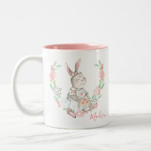 Modern Girly Watercolor Floral Bunny Rabbit Name Two-Tone Coffee Mug