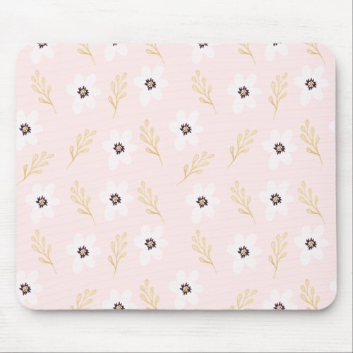 Modern Girly White Floral  Gold Leaf Pattern Mouse Pad