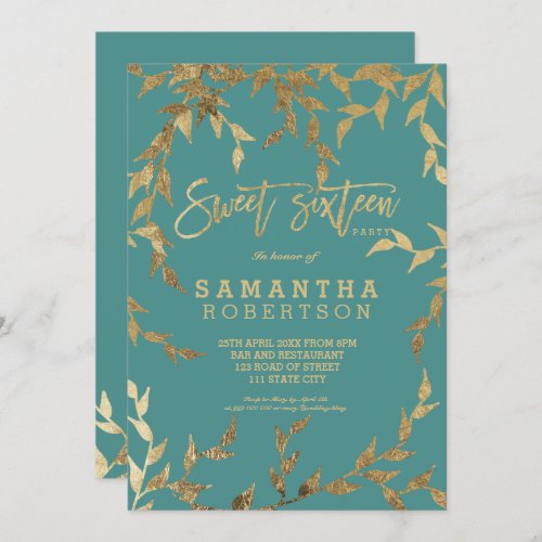 Modern girly yellow gold branch teal Sweet 16 Invitation