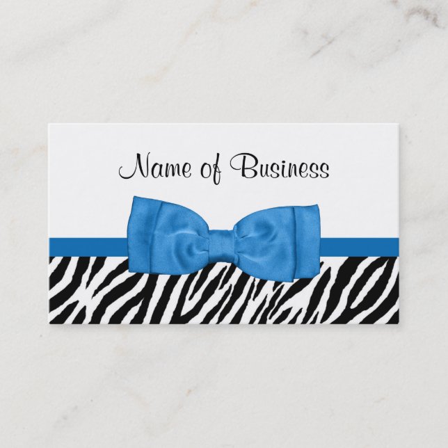 Modern Girly Zebra Print Pretty Bright Blue Bow Business Card (Front)