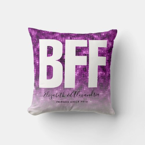 Modern Glam BFF Besties Girly Purple Glitter Names Throw Pillow