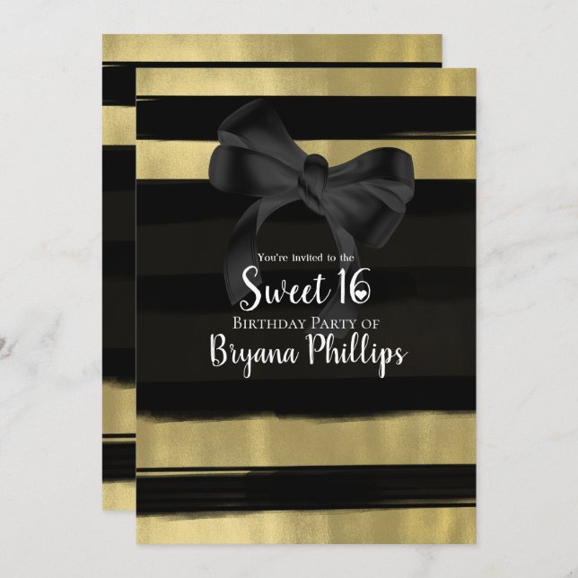 Modern Glam Black Bow Gold Paint Stroke Sweet 16 Invitation (Front/Back)