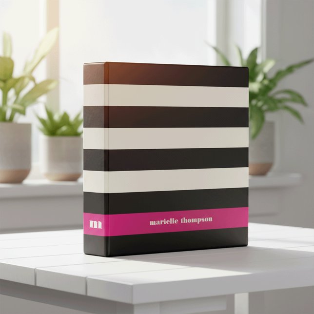 Modern Glam Black, Cream & Fuchsia Stripe 3 Ring Binder (Creator Uploaded)