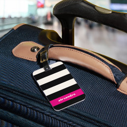 Modern Glam Black, Cream &amp; Fuchsia Stripe Luggage Tag