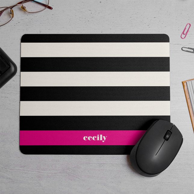 Modern Glam Black, Cream & Fuchsia Stripe Mouse Pad (Creator Uploaded)