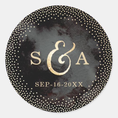 Modern glam black faux gold glitter monogram classic round sticker