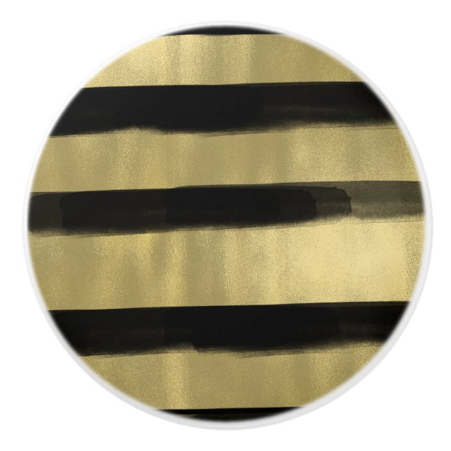 Modern Glam Black & Gold Brush Stroke Stripe Chic Ceramic Knob (Front)