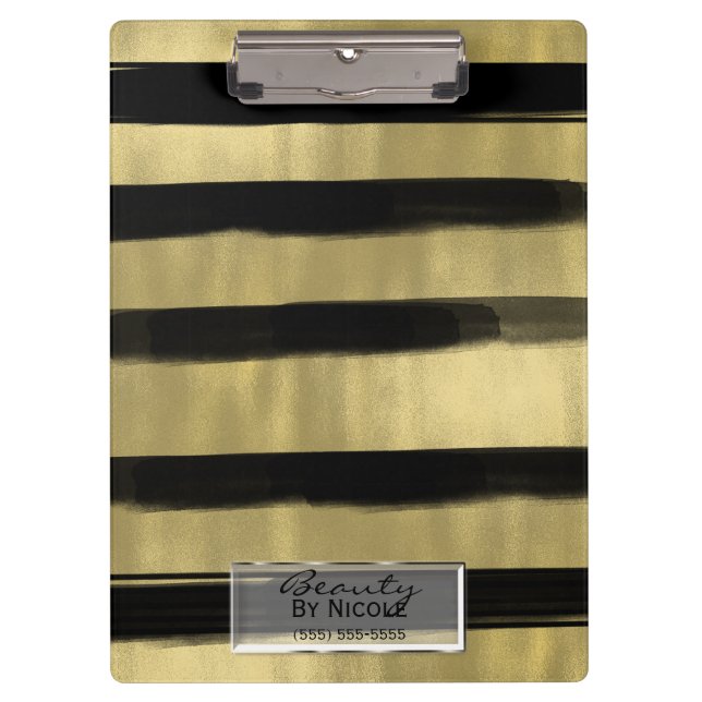 Modern Glam Black & Gold Brush Stroke Stripe Chic Clipboard (Front)