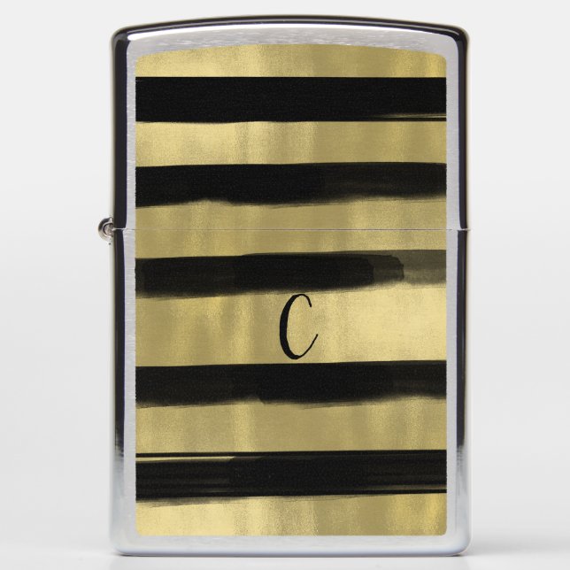 Modern Glam Black & Gold Brush Stroke Stripe Chic Zippo Lighter (Front)
