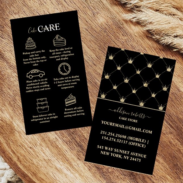 Modern Glam Black Gold Crown Cake Care  Business Card (Creator Uploaded)