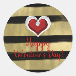 Modern Glam Black & Gold Red Heart Bling Valentine Classic Round Sticker