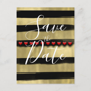 Modern Glam Black & Gold Red Hearts Save the Date Announcement Postcard