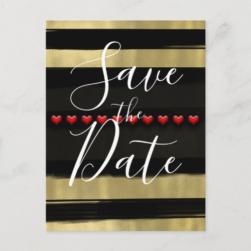 Modern Glam Black  Gold Red Hearts Save the Date Announcement Postcard