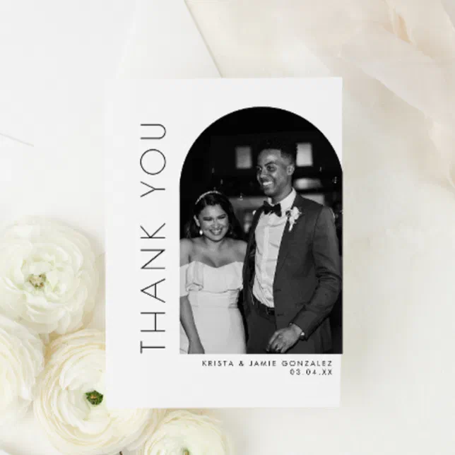 Modern Glam Black & White Arch Photo Wedding Thank You Card | Zazzle
