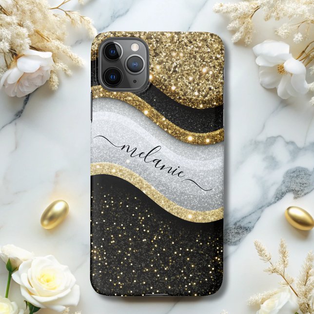 Modern Glam Black White Gold Glitter Name iPhone Case (Creator Uploaded)