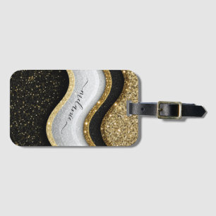 Modern Glam Black White Gold Glitter Name Luggage Tag