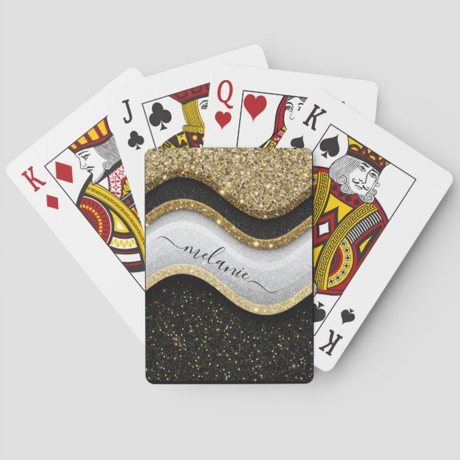 Modern Glam Black White Gold Glitter Name Poker Cards (Back)