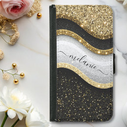 Modern Glam Black White Gold Glitter Name Samsung Galaxy S5 Wallet Case