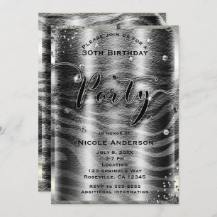 Modern Glam Black White Zebra & Silver Bling Party Invitation