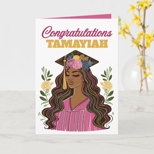Modern Glam Black Woman Graduation Card (Yellow Flower)