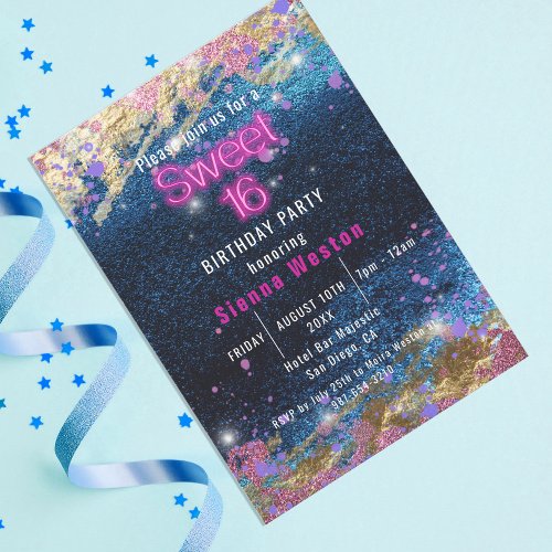 Modern Glam Blue Glitter Hot Neon Pink Sweet 16 Invitation